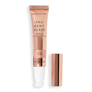 Makeup Revolution Pro Dewy Glaze Serum Highlighter Peach Glow for women, dual purpose glow, glass skin effect with dewy formula, vitamin E & jojoba oil, melt into skin formula, 12ml
