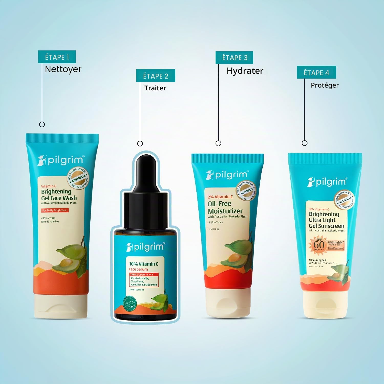 Pilgrim Sérum à 10 % de vitamine C 30 ml pour une peau éclatante | Avec 5 % de niacinamide, acide hyaluronique et glycolique | estompe les taches brunes, la pigmentation | Pour tous, peaux grasses