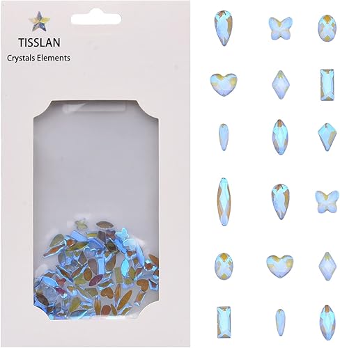 100 diamantes de imitación para arte de uñas, color azul aurora, 10 formas, pequeñas piedras planas con parte trasera plana, mezcla de corazón y