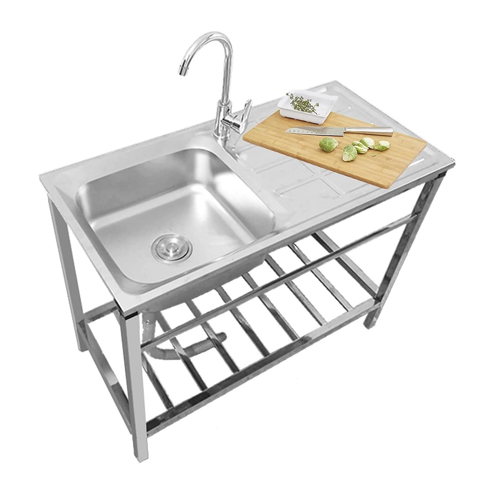 Lavabo Utilitario Autoportante, Acero Inoxidable 304, Fregadero de Cocina de Una Sola Cuenca con Grifo de Agua Caliente y Fría Fregadero Exterior para Jardín, Garaje o Lavandería(Single layer)