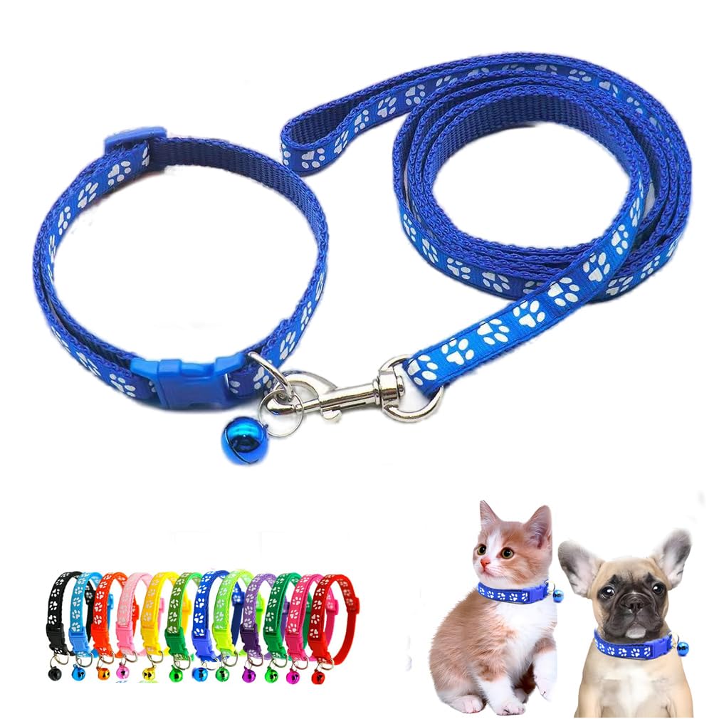Dark Blue Puppy Dog Collar Leash Set, Nylon Basic Reflective Cat Collar Paw Print For XXS Xs Small Dog Pet Animal Tiny Kitten Boy Girls