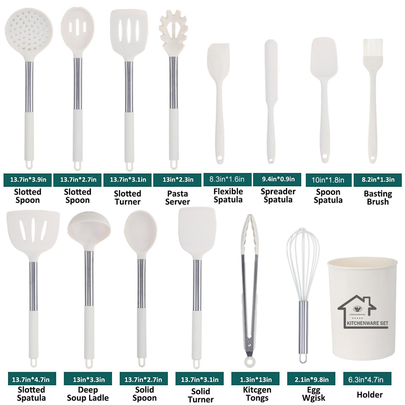 Küchenutensilien-Set, Silikon-Kochutensilien, 44-teiliges Pfannenwender-Set mit Edelstahlgriff, Antihaft-Utensilien-Set, Küchenutensilien und Gadgets,Weiß
