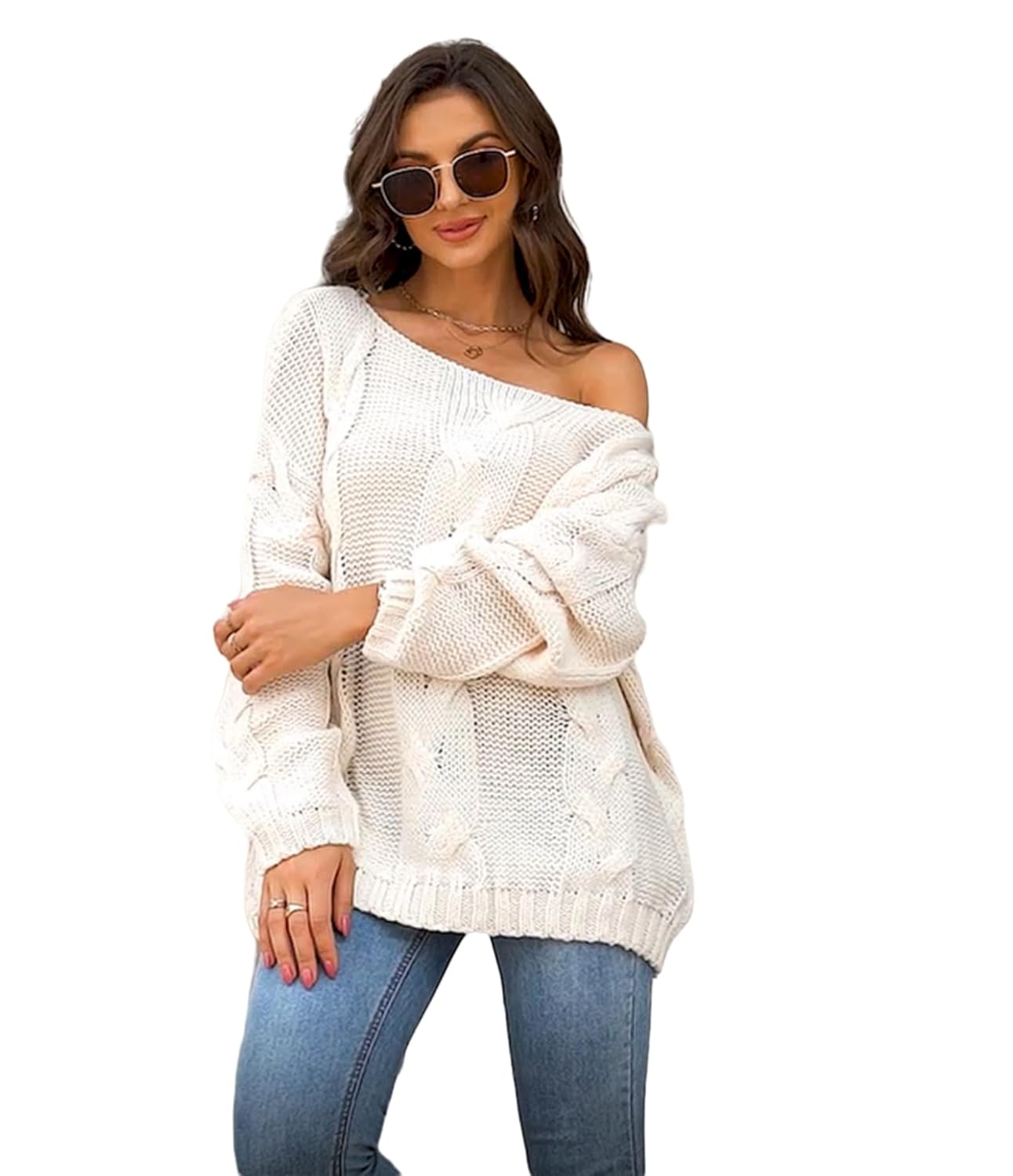 Women Long Sleeve Off one Shoulder V-Neck Ribbed Cable Knit Pullover Sweater Oversized Loose Fitting Jumper Tops