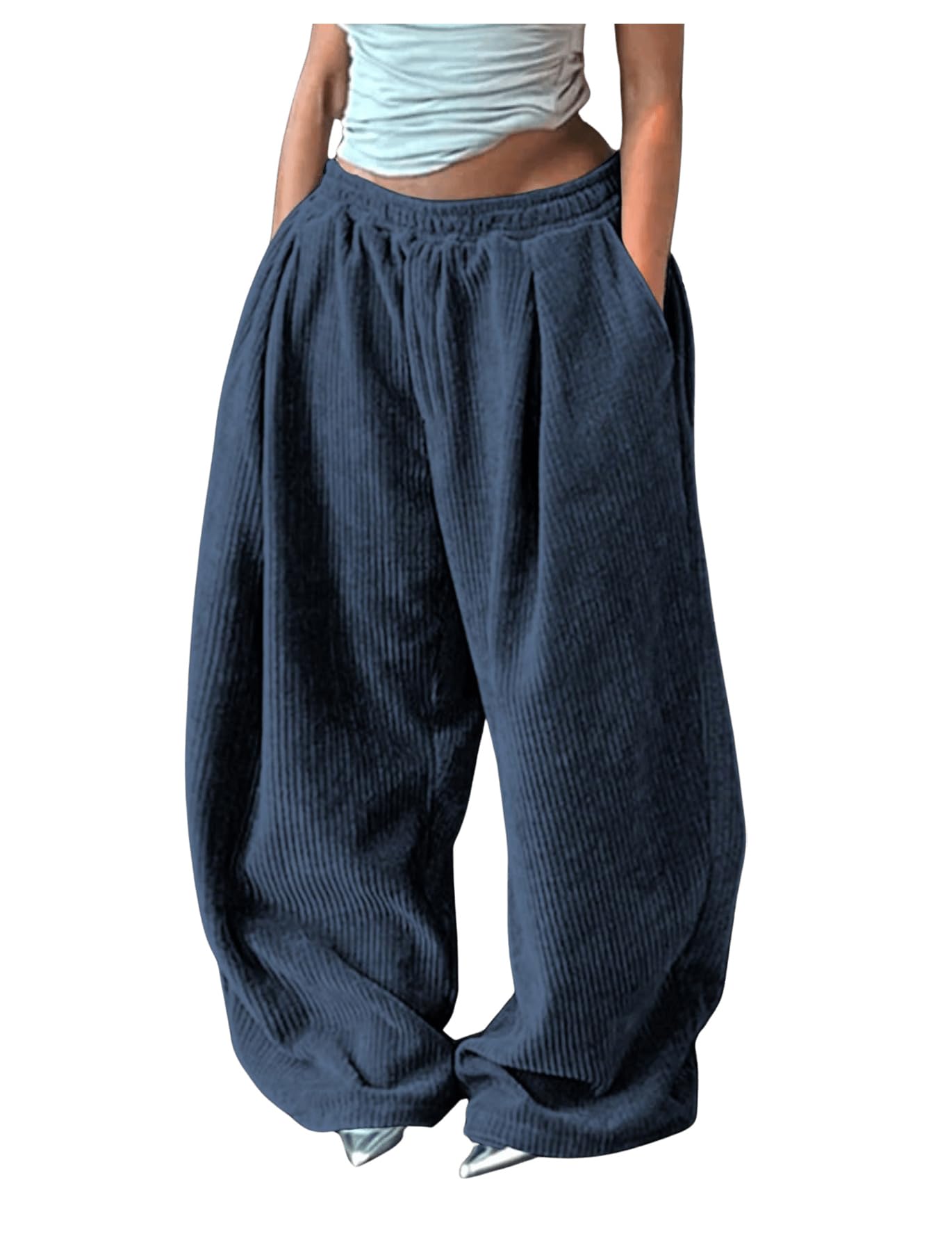 SOLY HUX Womens Wide Leg Corduroy Pants Elastic Waist Baggy Long Pants Trousers with Pockets