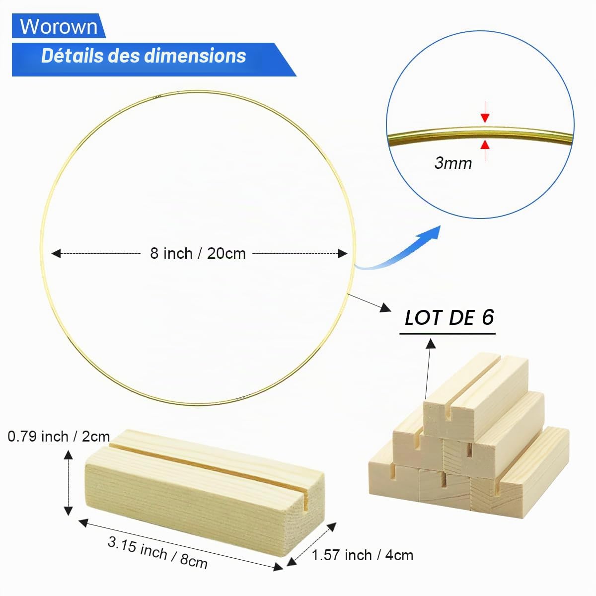 Worown Lot de 6 centres de table en métal de 20 cm avec support en bois pour table, anneaux de couronne dorés pour faire des décorations de couronne de table de mariage