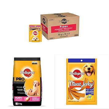 Pedigree Wet Food for Puppy, Chicken Chunks in Gravy Flavour, Pack of 30 & PRO Expert Nutrition Dry Food for Large Breed Puppy, 3kg & Meat Jerky Treats for Adult Dogs, Barbecued Chicken Flavour, 80g