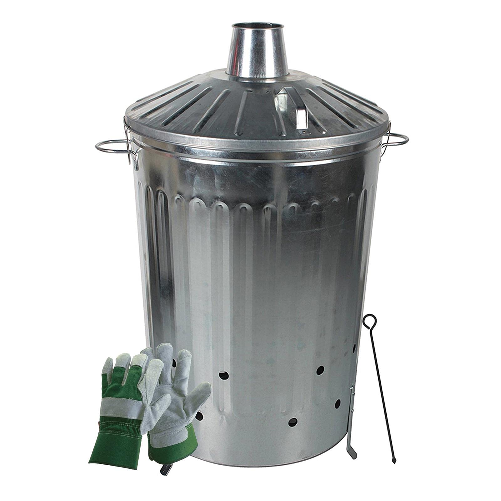 simpahome 125L Locking Lid Galvanised Incinerator, Poker and Pair of Reinforced Rigger Gloves.