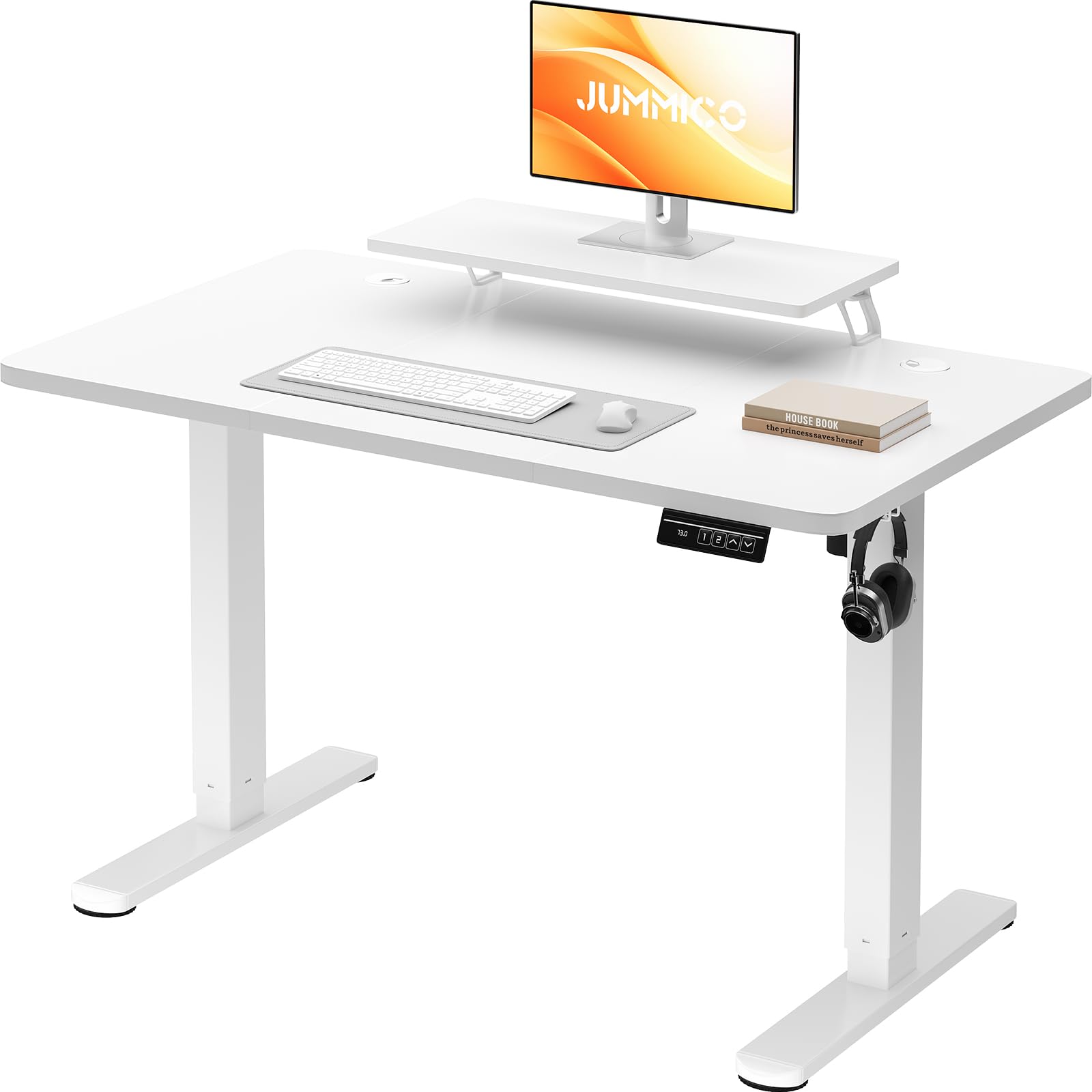 JUMMICO Scrivania regolabile in Altezza, Standing Desk, 120 x 60 cm Bianco | Scrivania da Ufficio Elettrica Regolabile con funzione di memoria, Supporto per Monitor