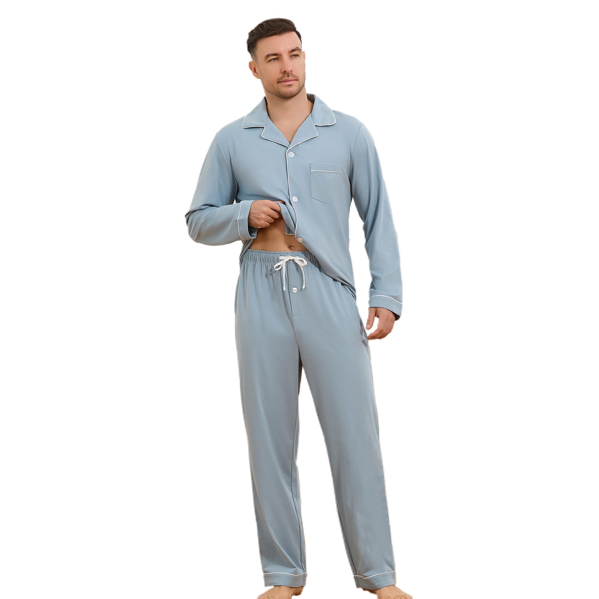 Vulcandon Mens Pajamas Set, Soft Classic Lapel Button Down Long Sleeve Lightweight Comfy Sleepwear Lounge Pajamas for Men