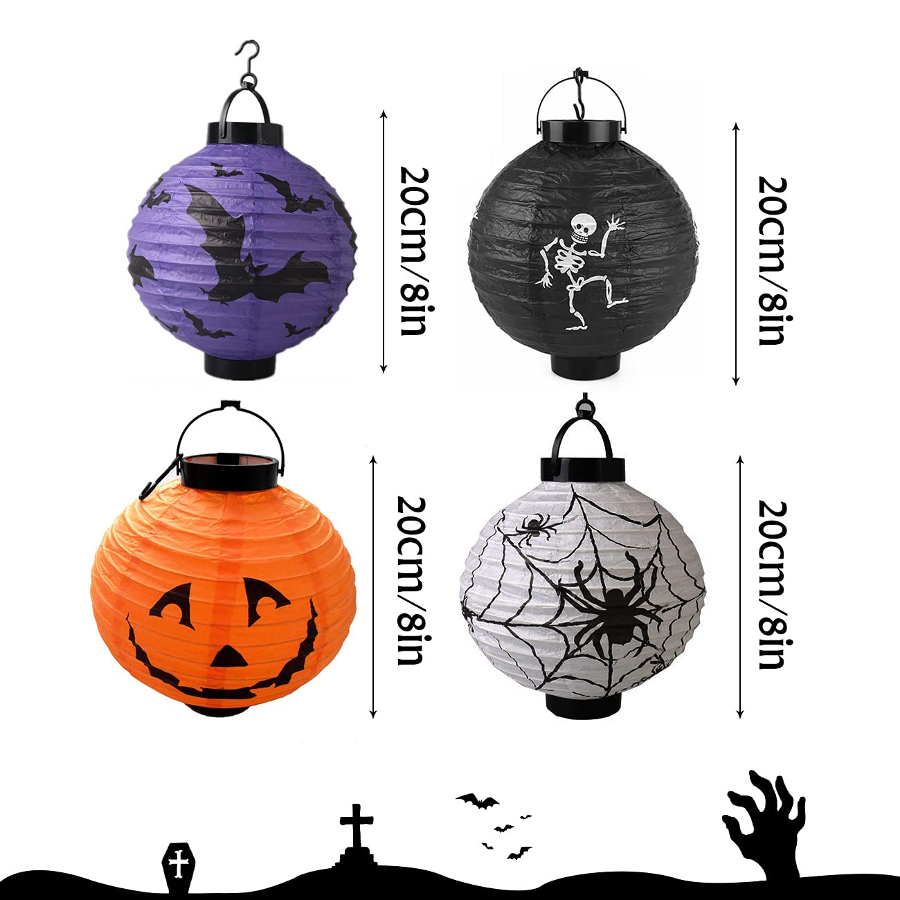 Kaliosy 4 Pack Halloween Decorations Paper Lanterns, Haunted House Hanging Lantern Skeleton Pumpkin Smiley Bat Spiders Pattern for Holiday House Parties Holiday Indoor and Outdoor Decoration 7.8 Inch