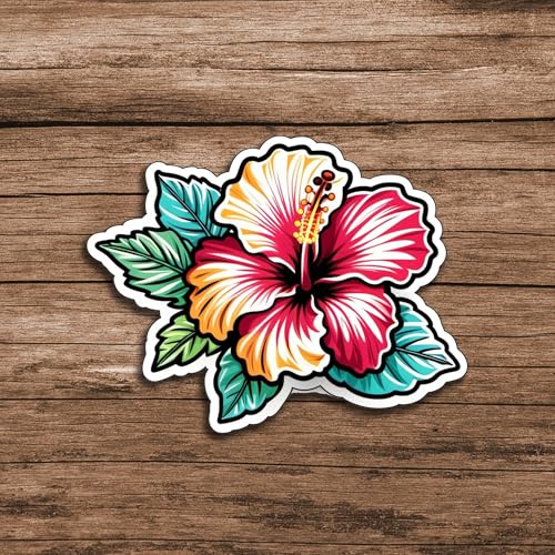 Image of Colorful Hibiscus Flower Sticker Tropical Floral Vinyl Decal Waterproof Aesthetic Flower Sticker for Laptop Water Bottle Car Bumper Notebook Scrapbook Summer Gift