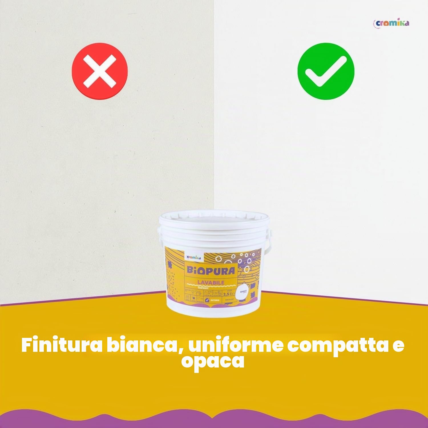 CROMIKA BIOPURA Pittura Lavabile Traspirante per Interni, Alta Copertura Rullo Pennello Spruzzo Finitura Opaca Made in Italy (Bianco, Litri 10)