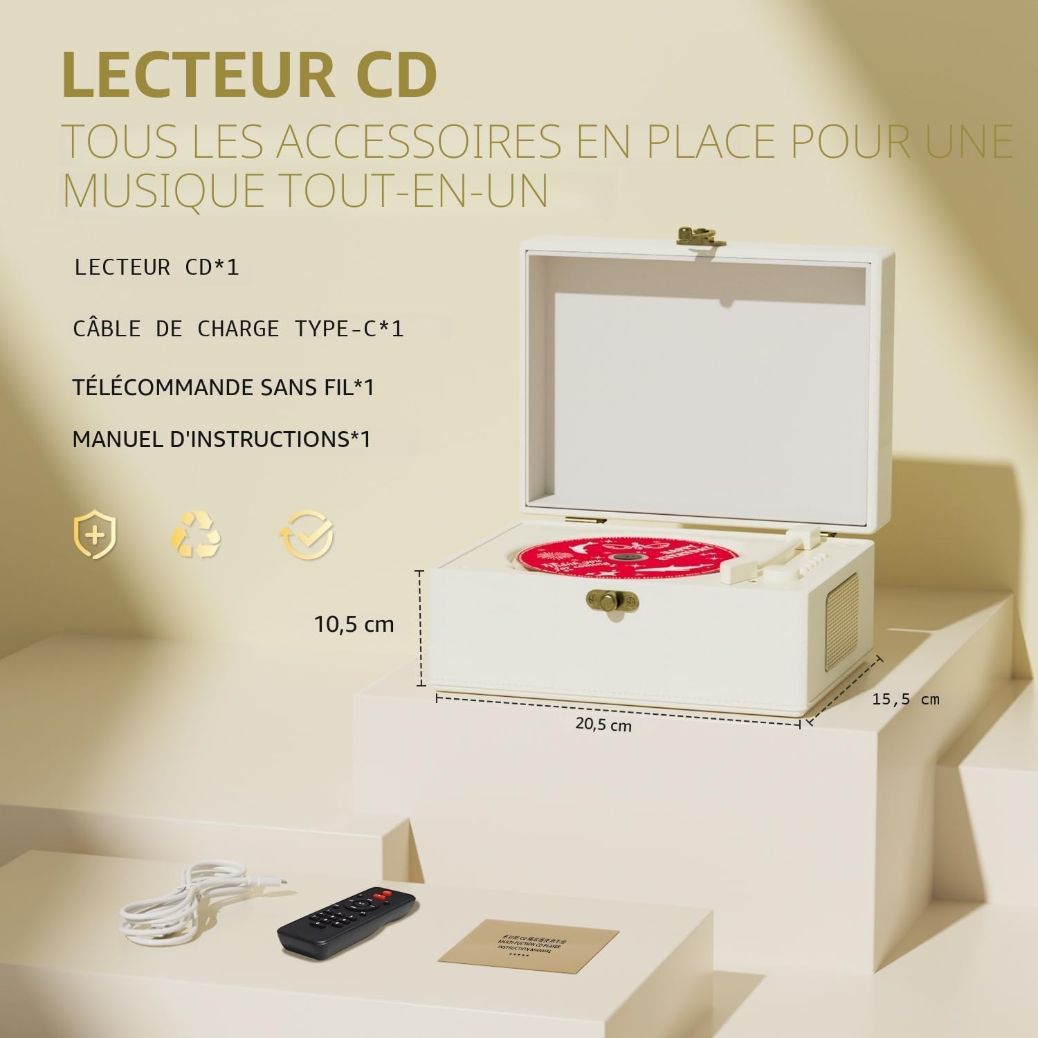 Lecteur CD en Cuir Rechargeable avec Haut-parleurs, transmetteur Bluetooth, Cadeau Festival, Lecteur BGM pour décoration d'intérieur