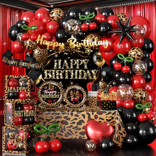 Cocomigo 261pcs Cheetah Print Birthday Decorations One-stop Set for 25 People Includes 350gsm Plates Prethreaded Banner Backdrop and Tablecloths Cheetah and Cherry Birthday Decorations for Female
