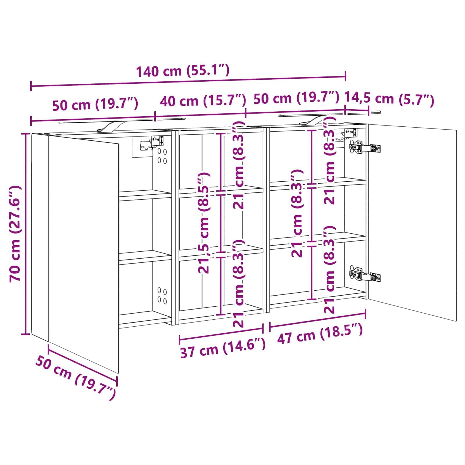 3-częściowy zestaw szafek łazienkowych z drewnopochodnym z oświetleniem LED, 140 x 14,5 x 70 cm, montowana na ścianie, miejsce do przechowywania i regał, szafka pod umywalkę z szufladami do
