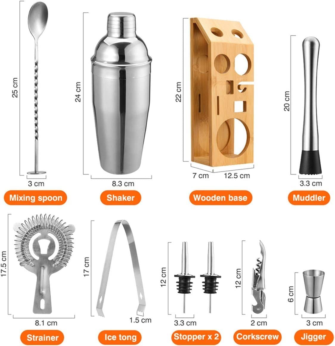Ensemble de fabrication de cocktails, Shakers à cocktails Party Bar Barman Accessoire essentiel en acier inoxydable Kit Outil avec présentoir en bois Ensemble d'outils de barre for les bars à l