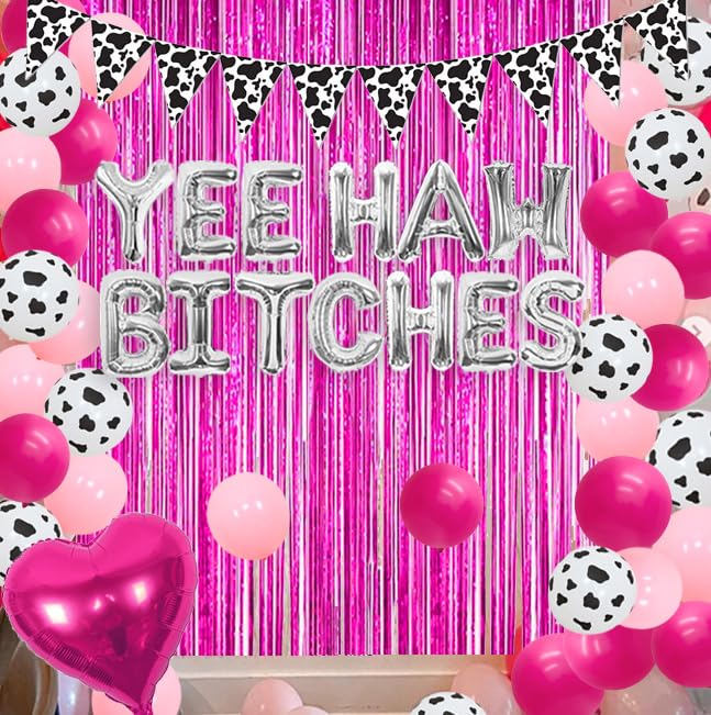 Sursurprise Western Hen Party Decorations, Silver Yeehaw Bitches Balloon Cow Print Pennant Banner - Image 4