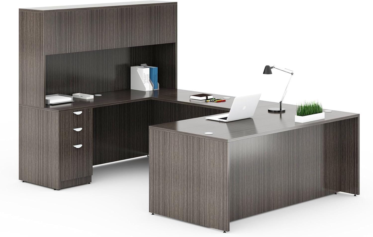 Boss Office Products Executive U-Shape Desk with File Storage Pedestal and Hutch