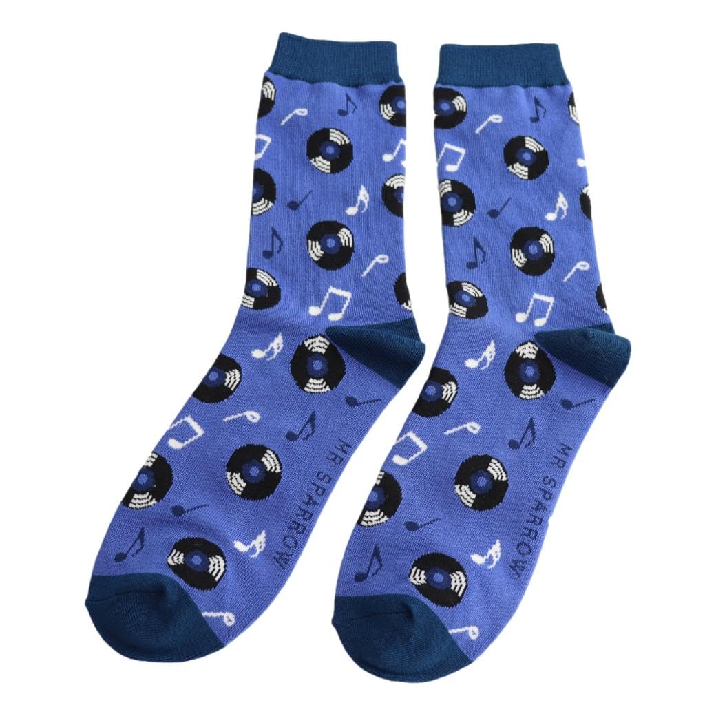 Mr Sparrow Vinyl Records on Blue Mens Novelty Ankle Socks Adult One Size