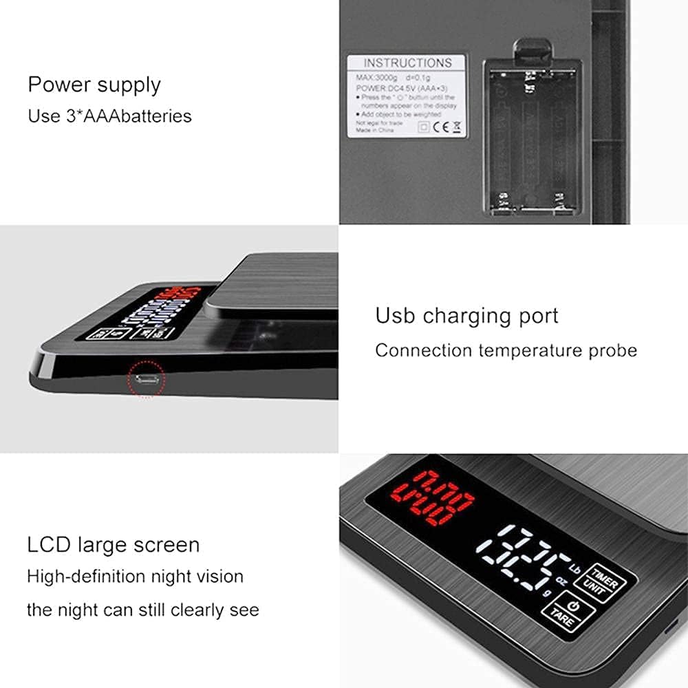Elektroniczne wagi kuchenne Wagi kuchenne do żywności Wagi kuchenne Wysoka precyzja Cyfrowe wagi do kawy Wagi elektroniczne z zegarem Przenośne wagi cyfrowe(5KG/0.1G)