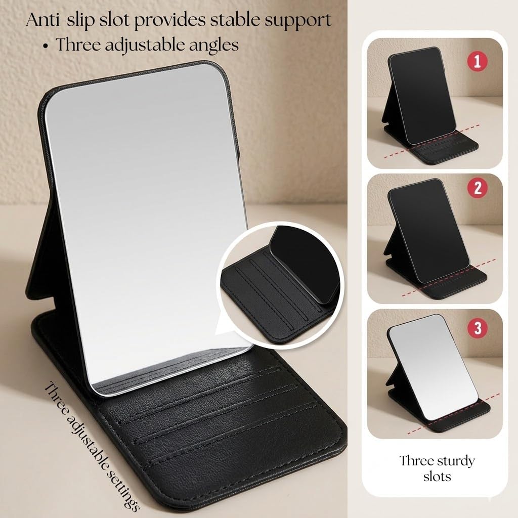 Kolorful Frameless Foldable HD Glass Makeup Mirror with Adjustable Stand Standing Travel Vanity Mirror Compact Tabletop Desk Mirror for Makeup, Travel, Office, Home Use (Black) 2