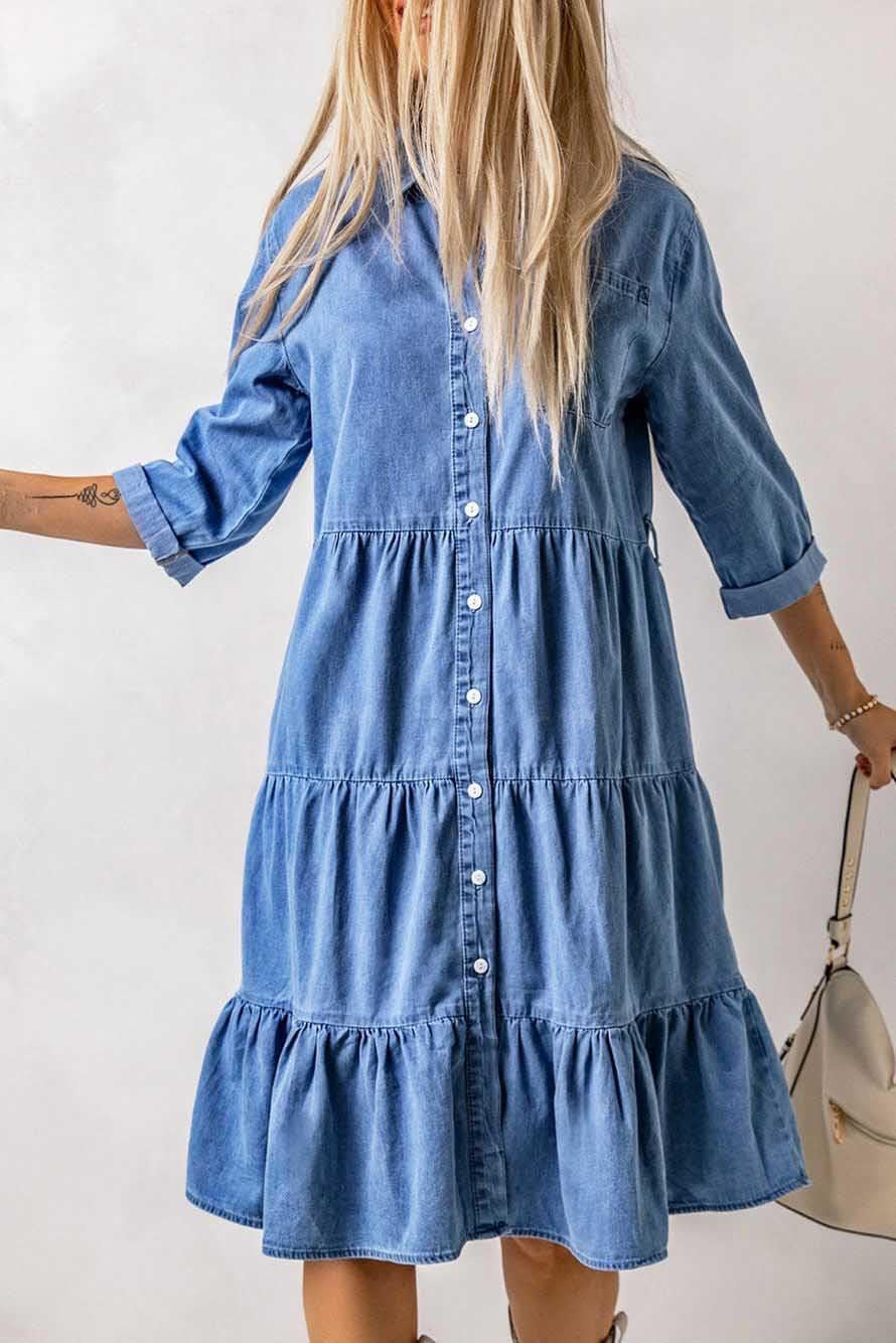 utcoco Womens Button Down Denim Dress Casual Loose Fit Cuffed Sleeve Ruffled Jean Dresses for Women 2025(no Belt) - Image 7