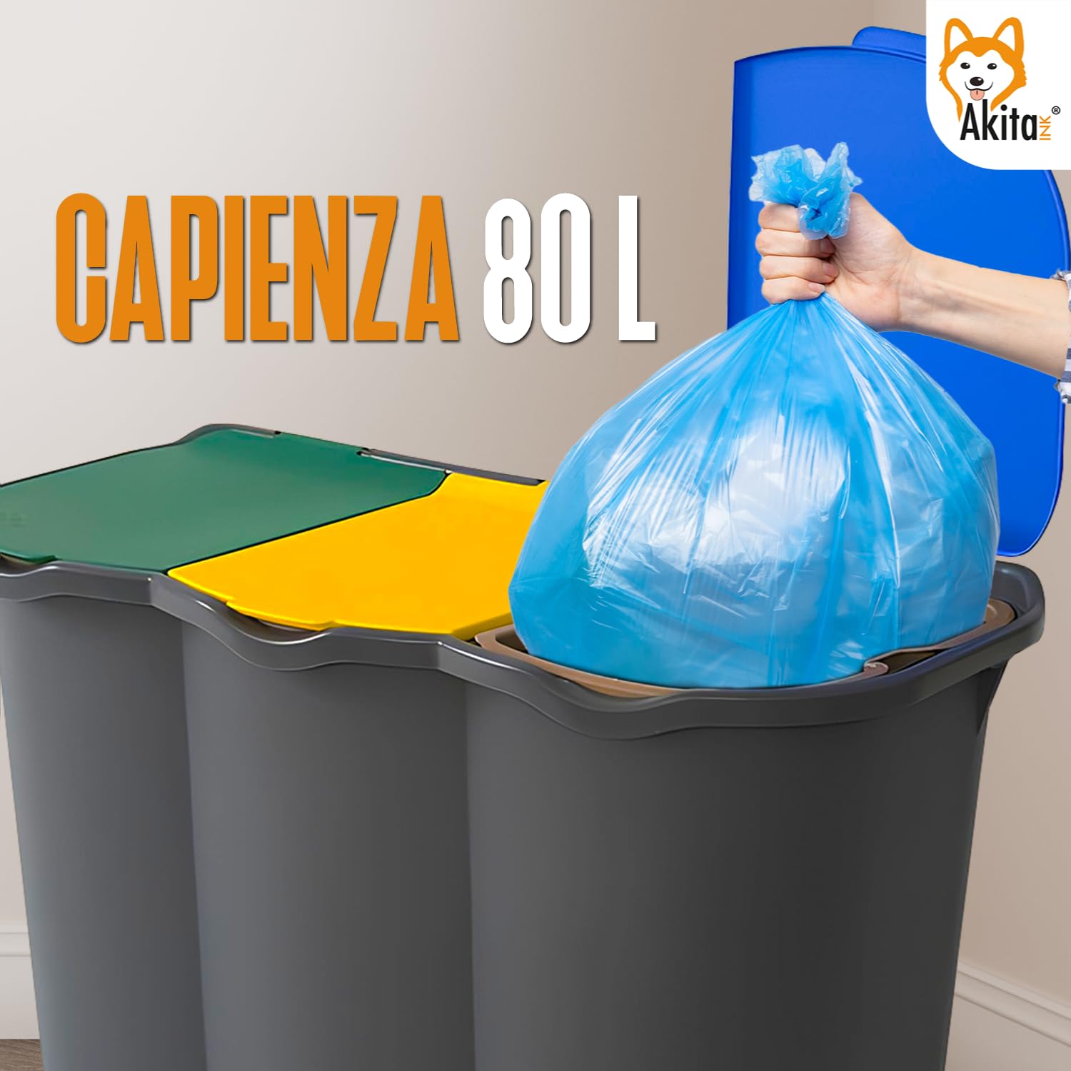 AKITAInk - Pattumiera per Raccolta Differenziata a 3 Scomparti, 80L AkitaOne - Bidone con Coperchi Colorati e Chiusura Ermetica per una Raccolta Intelligente e Igienica - Prodotto in Italia
