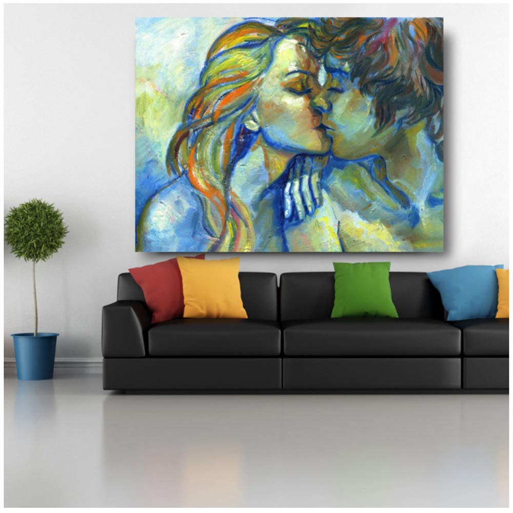 HYFBH Una giovane coppia innamorata Dolce bacio HD Tela Quadri dipinti ad olio Stampe Poster Immagini per pareti per la decorazione domestica Soggiorno 40x60cm (15.7 "x23.6) Con cornice