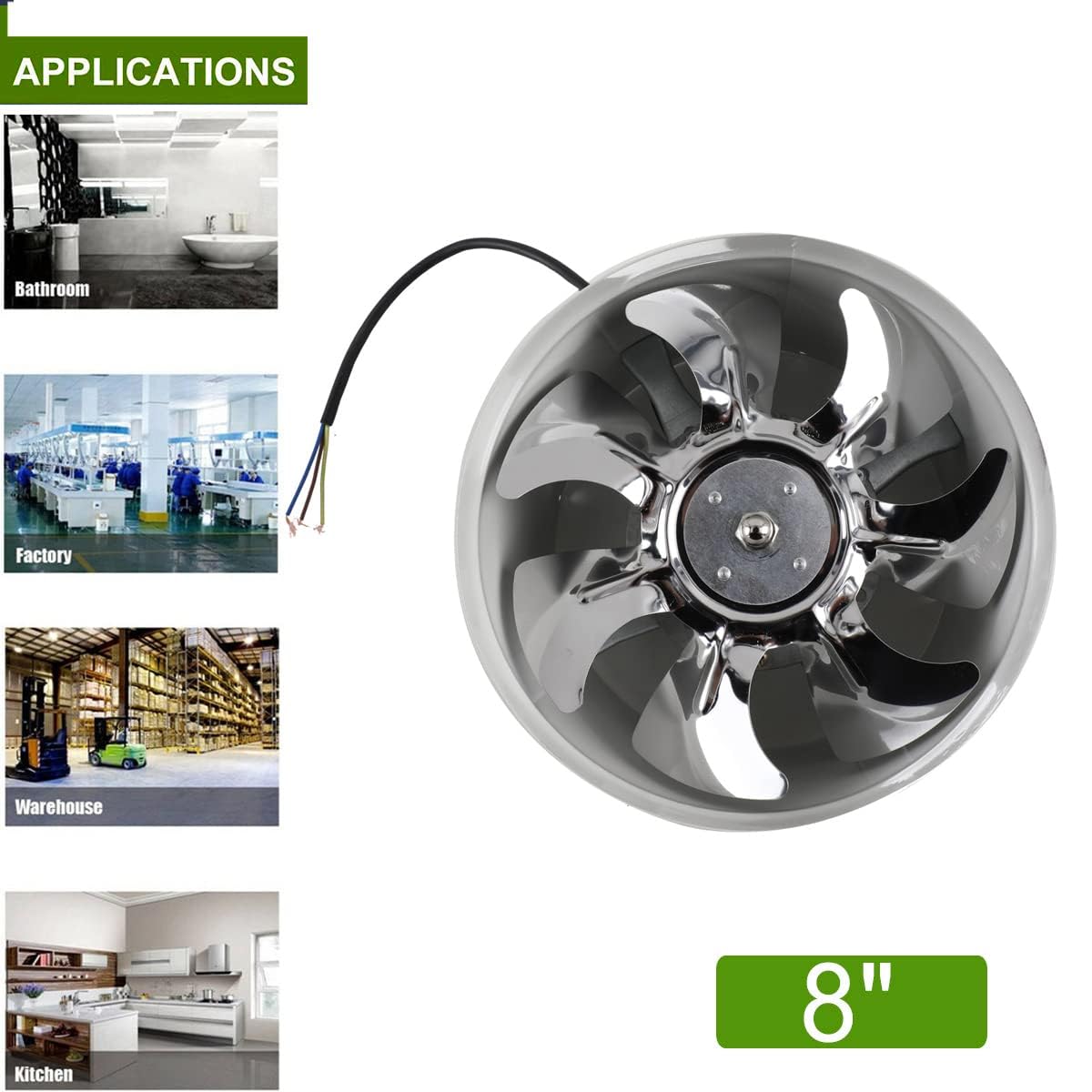 Ventilatore a tubo, 8", in ingresso/scarico, 200 mm, per bagno, cucina, bianco