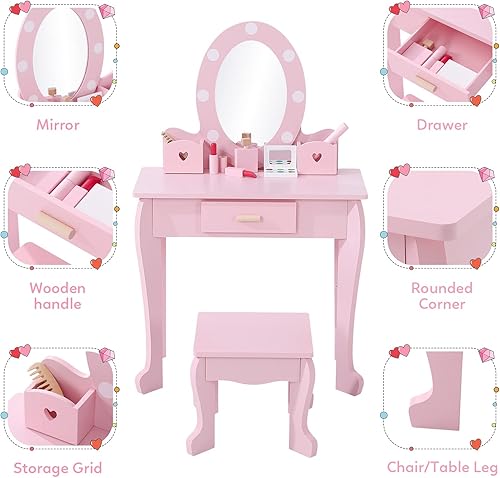 Miniatura 3 de Tocador para niños con espejo y taburete, tocador para niñas con juego de maquillaje de madera, mesa de tocador de princesa para niños pequeños, rosa