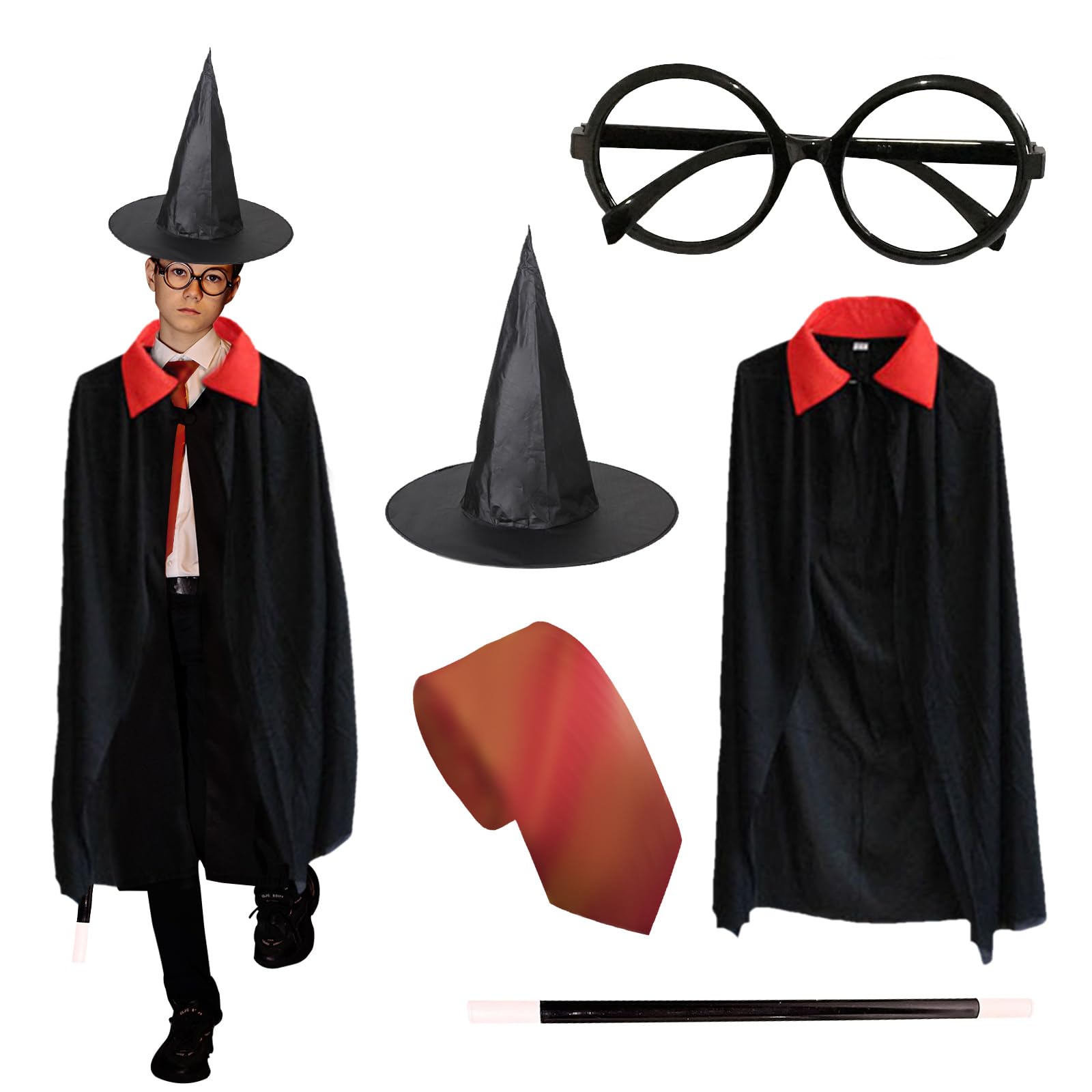 TSHAOUN 5 Pieces Magic Tricks Set, Dark Wizard Halloween Wizard School Boy World Book Day Fancy Dress Includes Tie, Glasses, Black Cape, Wand, and Wizard Hat Costume