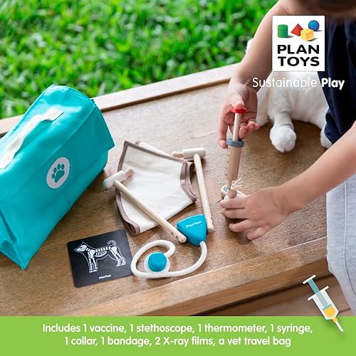 Miniatura 6 de PlanToys Juego veterinario para niños, hecho de madera de caucho, colorante de pigmento orgánico y tintes a base de agua con estetoscopio,