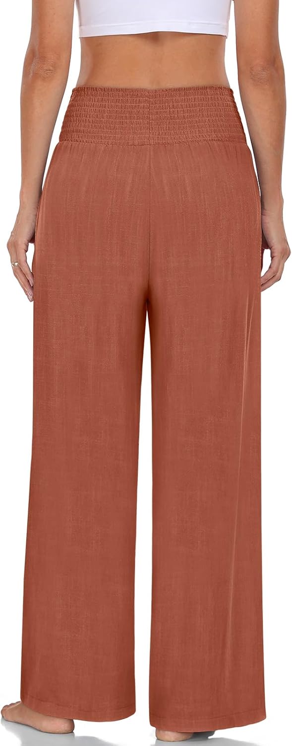 TARSE Womens Summer Linen Palazzo Pants Boho High Waisted Wide Leg Casual Long Lounge Pant Trousers with Pockets - Image 3