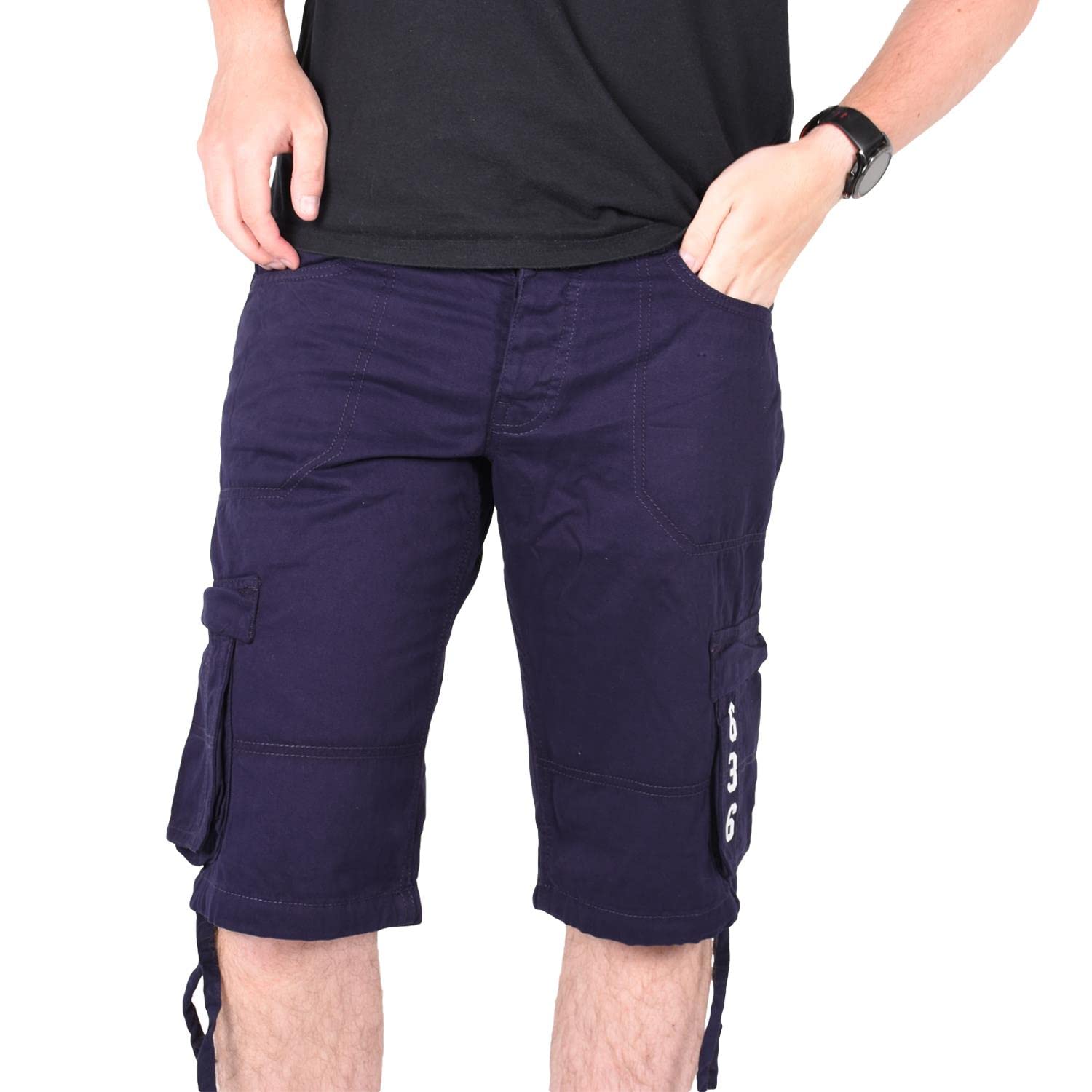 True Face Mens Shorts Cargo Pockets Denim Combat Chino Button Up Flat Front Army Workwear Knee Length Straight Leg Casual Summer Work Half Pants Bottom Size 42 Navy