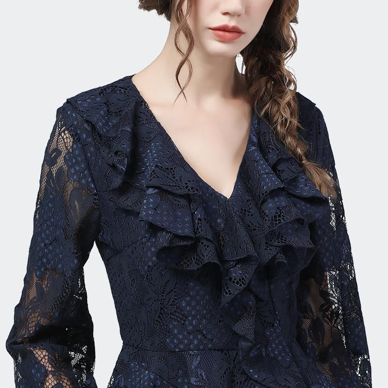 Blusas de Encaje con Cuello en V y Volantes de Color Azul Oscuro, diseño Floral Ahuecado, Manga Larga, Blusas Delgadas de otoño para Mujer, Camisas de Oficina (Azul M)