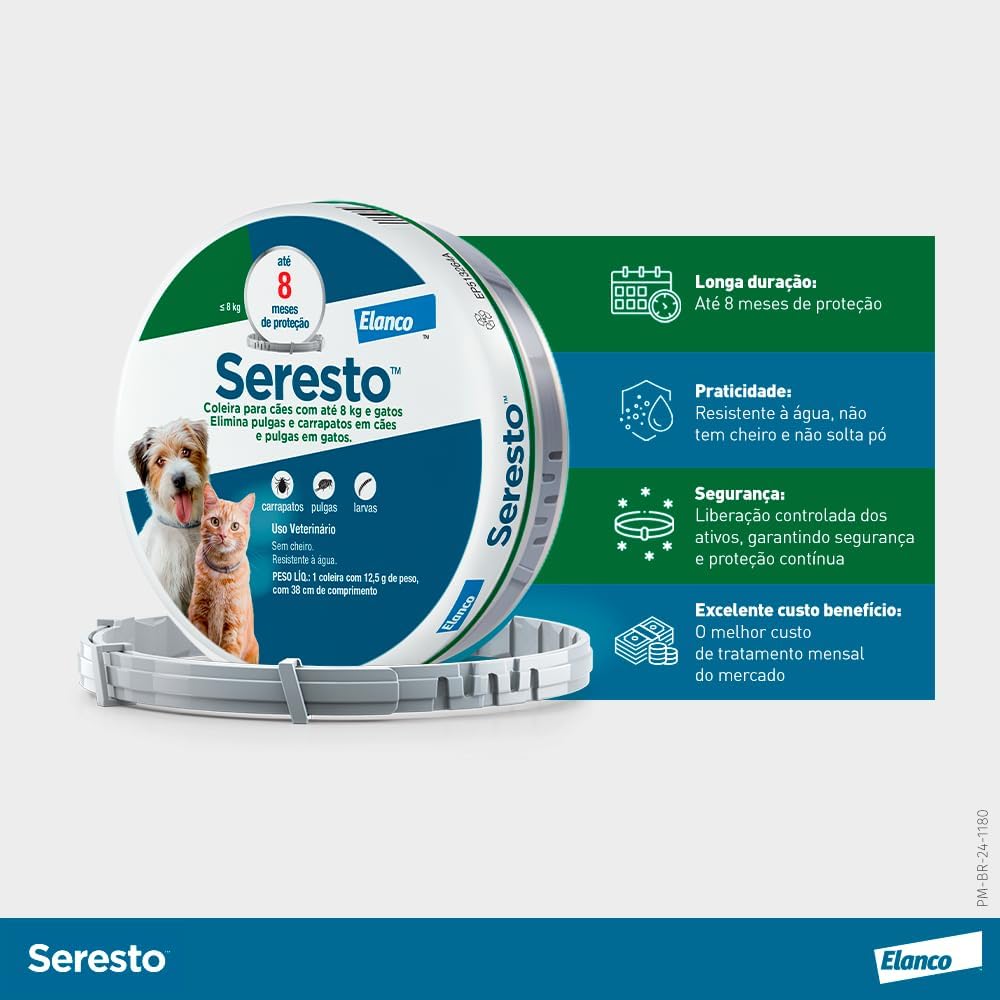 Coleira Seresto® anti-carrapatos e pulgas para cães e gatos de até 8kg