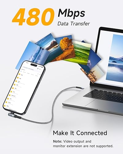 Miniatura 9 de Cable USB-C a USB-C de 3.3 pies, PD 100 W iPhone 15, cable de carga rápida de nailon trenzado de ángulo recto para iPhone 15 Plus15 Pro Max,