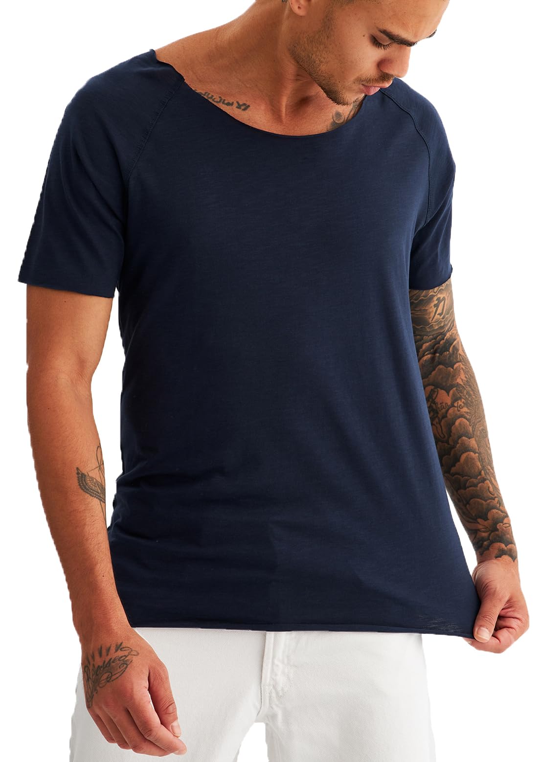 Leif Nelson T-Shirt Herren Sommer tiefer Rundhals-Ausschnitt, Regular Fit Herren-T-Shirt 100% Baumwolle, Casual Basic Männer T-Shirt Kurzarm