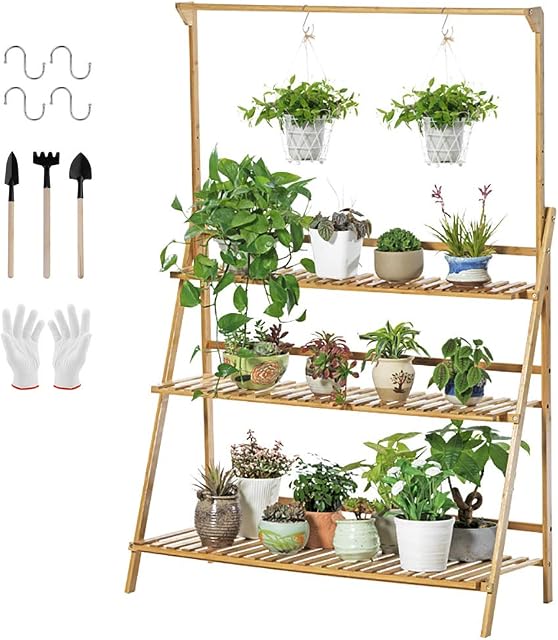 unho Hanging Outdoor Plant Stand, 3 Tier Plant Ladder Shelf Garden Shelves Outdoor Plant Display Stand Foldable Plant Pot Stand Plant Racks 100cm