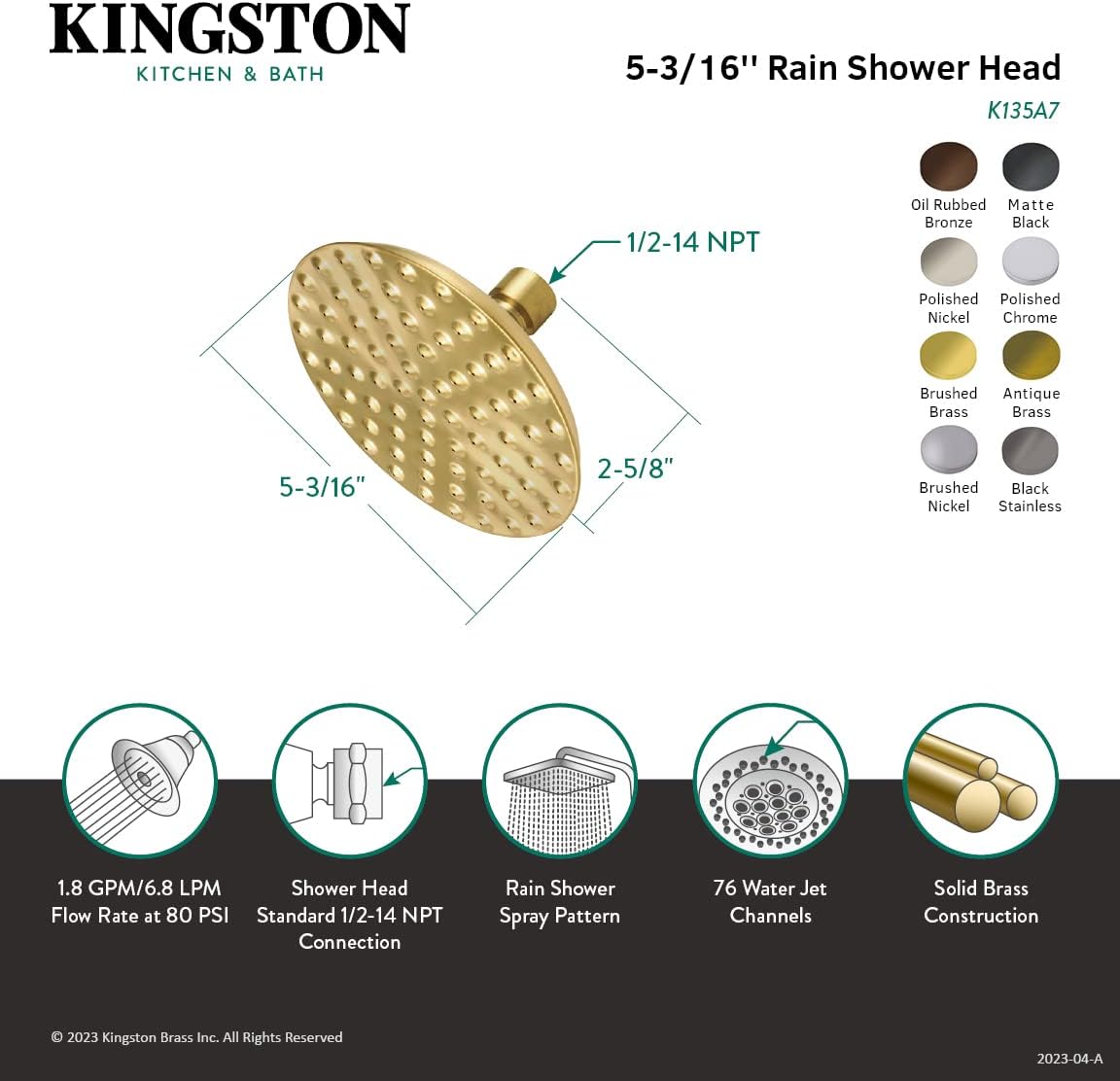 Kingston Brass K135A6 Victorian 5-1/4-Inch Round Raindrop Brass Shower Head in Polished Nickel