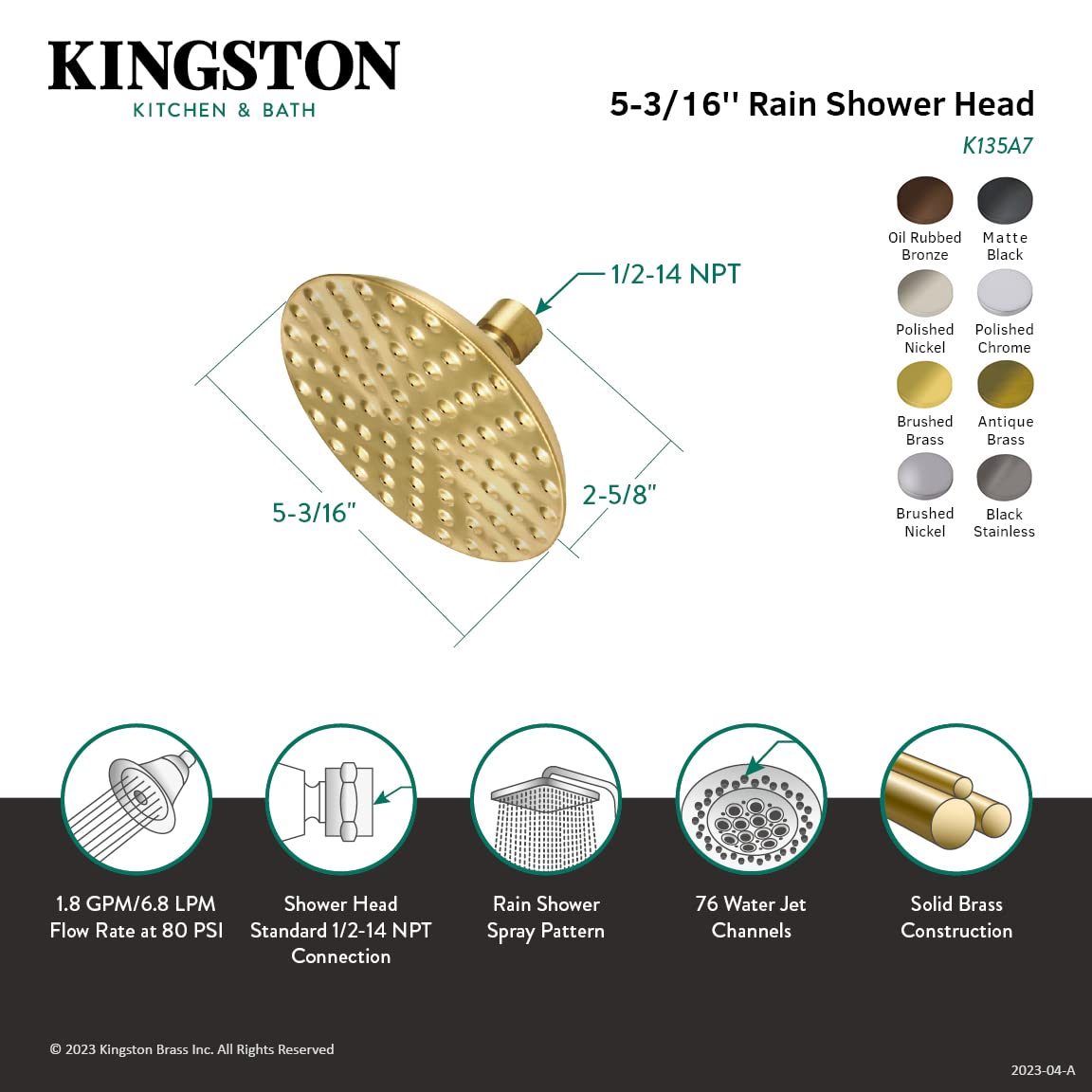 Kingston Brass Viktorianischer Regenduschkopf – Mattschwarz, 14 Cm Durchmesser, 76 Wasserkanäle