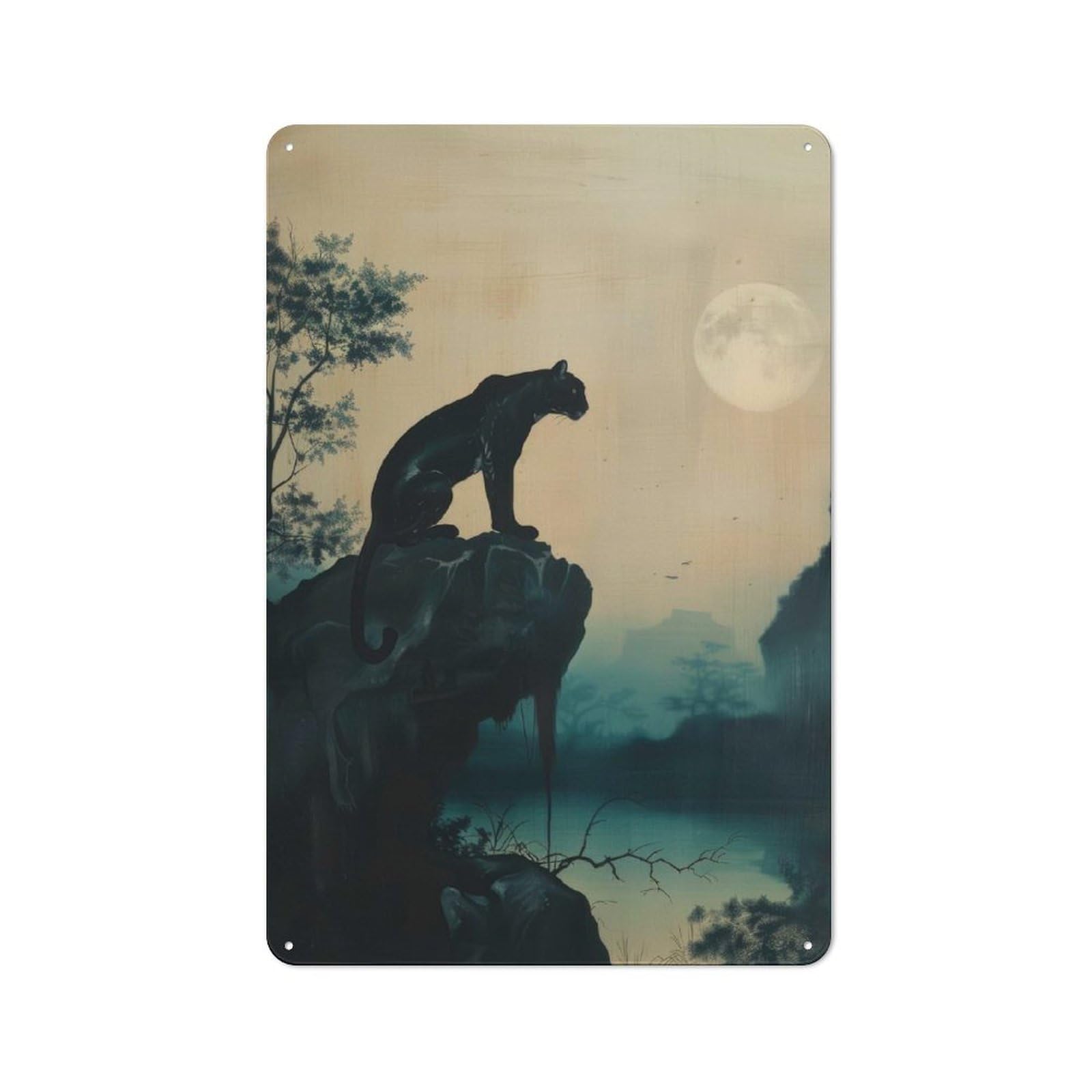 Junmoney Black Panther Under Moonlight Tin Wall Plaque 30X20cm With For Man Cave Or Games Room, A Housewarming Gift For Leisure-Room Decor Enthusiasts