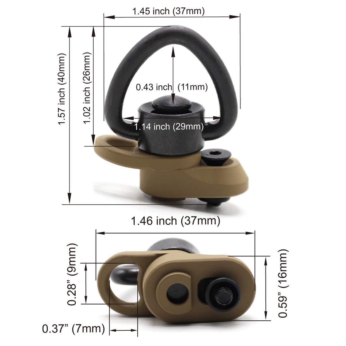 Trirock Keymod Sling Swivel Heart-shape loop with Push Button TAN/FDE QD base & Sling Mount with a Hole for Snap Clip Hook Spring