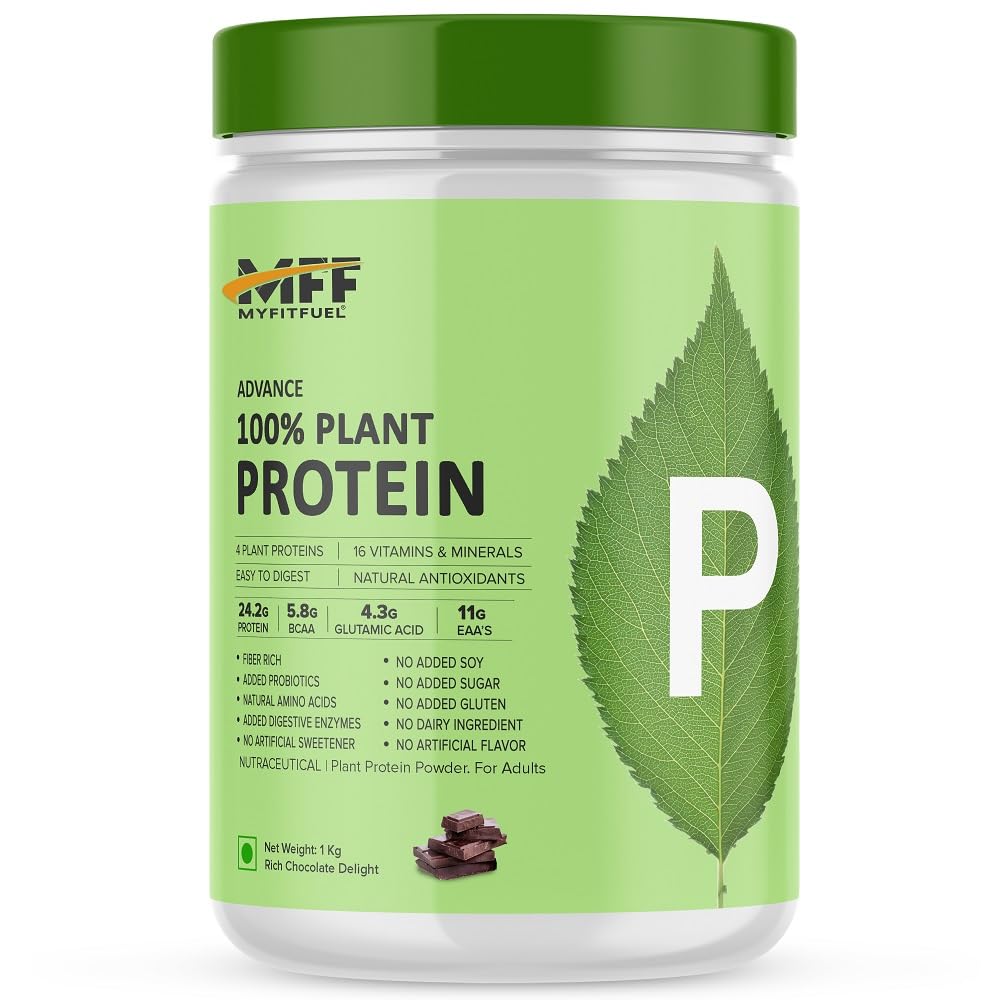 MyFitFuel MFF Advance Plant Protein Powder (1Kg, Rich Chocolate) [24.2g Protein (4 Sources), Probiotics, Natural Enzymes, 16 Vitamins & Minerals, Easy to Digest] No Added Sugar, Wonderful Taste