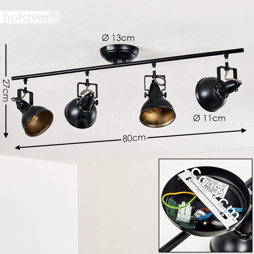Lámpara de techo Tina, lámpara de techo metálica en negro/oro, 4 luces, con focos ajustables, 4 x casquillo E14, punto de diseño retro/vintage, sin bombilla(s)