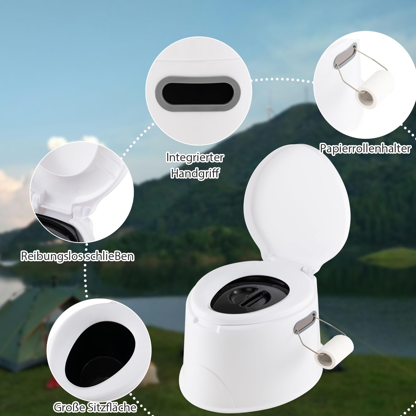 SOARS Campingtoilette, 5L Reisetoilette, Camping Toiletten mit abnehmbarem Inneneimer & Papierrollenhalter, Mobile Toilette mit Deckel, bis 200 kg belastbar, ideal für Camping, Reisen,Wandern