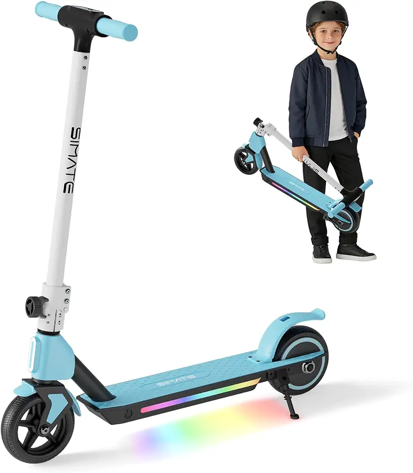 SIMATE Scooter Elétrica Para Crianças De 6 A 14 Anos, E Kick Scooter Com Display Led E Luzes Coloridas, Altura Ajustável E Dobrável, Freio Duplo, Presentes Para Crianças, Meninas E Meninos