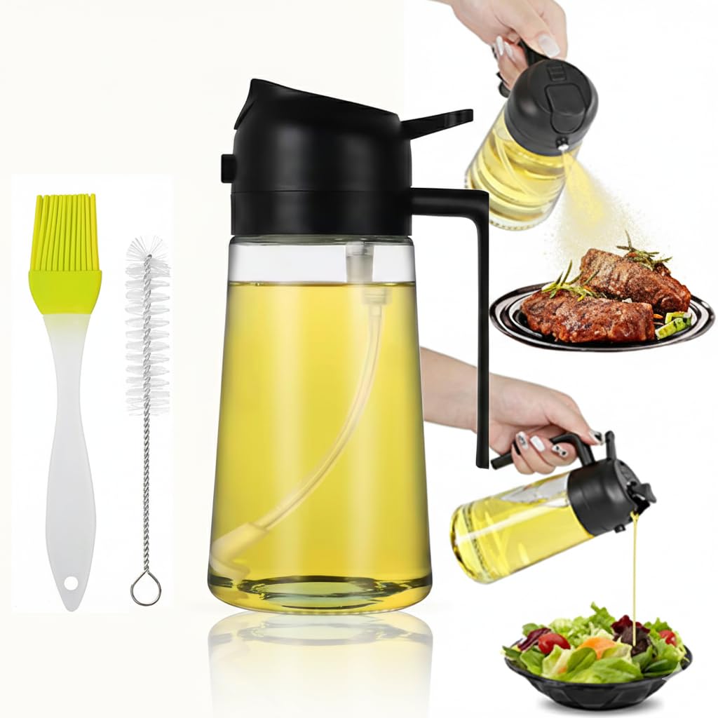Trendicart 470ml 2-in-1 Glass Oil Spray Bottle Dispenser - Kitchen Gadgets to Make Cooking Easy Multipurpose Comes with Brush Cleaning Cloth, Black