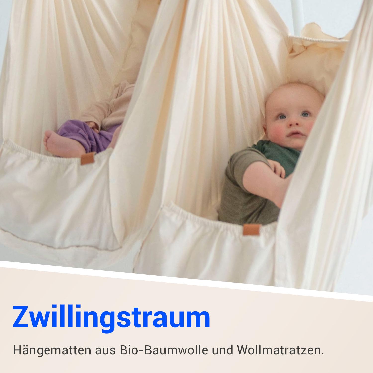 Federwiege Baby für Zwillinge - Baby-Wiege aus Bio-Baumwolle - Baby-Hängematte inkl. Feder - Baby-Stoffschaukel Plus Matratze und Baldachin - Baby-Hammock bis max. 15 kg - Natur
