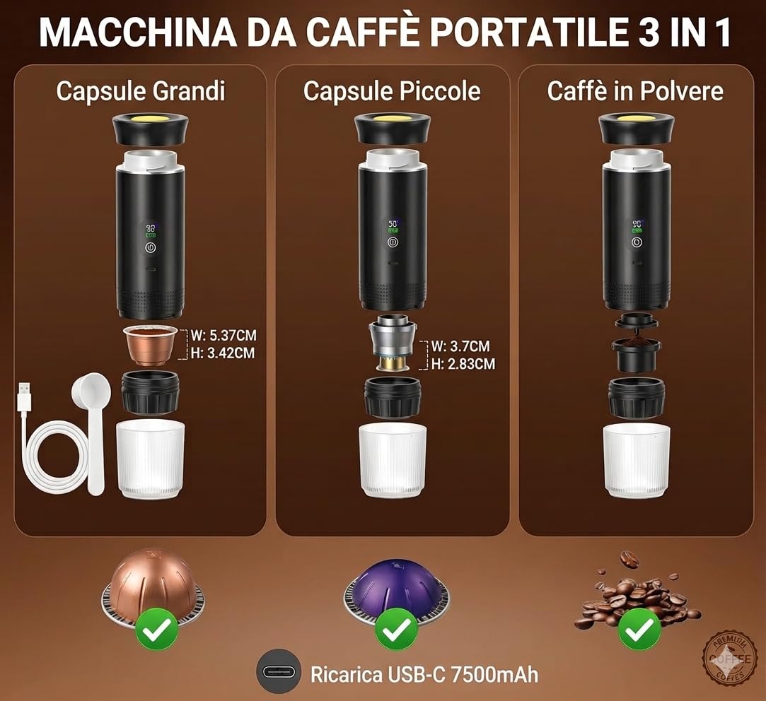 Macchina Caffè Portatile Espresso 3-in-1 - Riscaldamento Acqua Automatico 5 Min, Batteria 7500mAh, 20 Bar Pressione - Compatibile con Capsule Grandi, Piccole e Caffè Macinato - Per Auto, Viaggio, Uffi